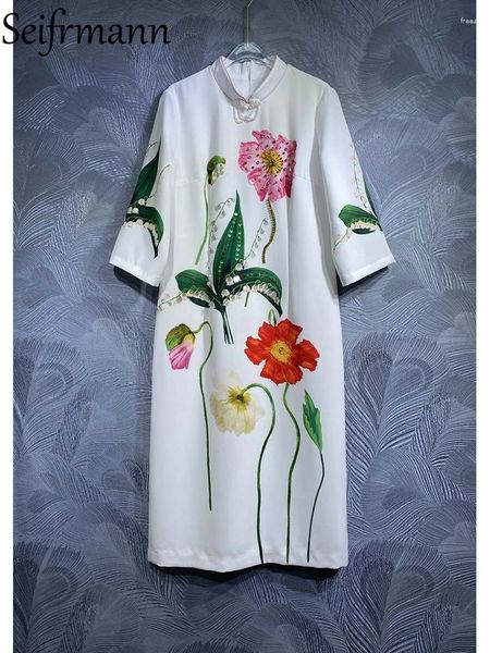 Vestidos informales Seifrmann Summer Women Diseñador Diseñador Vestido Vintage Floral Pearl Pearl Diamond Stand Pencil