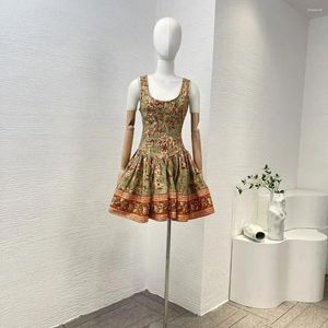 Casual jurken Zelfback 2024 Nieuwste linnen hoge kwaliteit groene bloemenprint mouwloze vierkante kraag vrouwen mini tankjurk voor vakantie