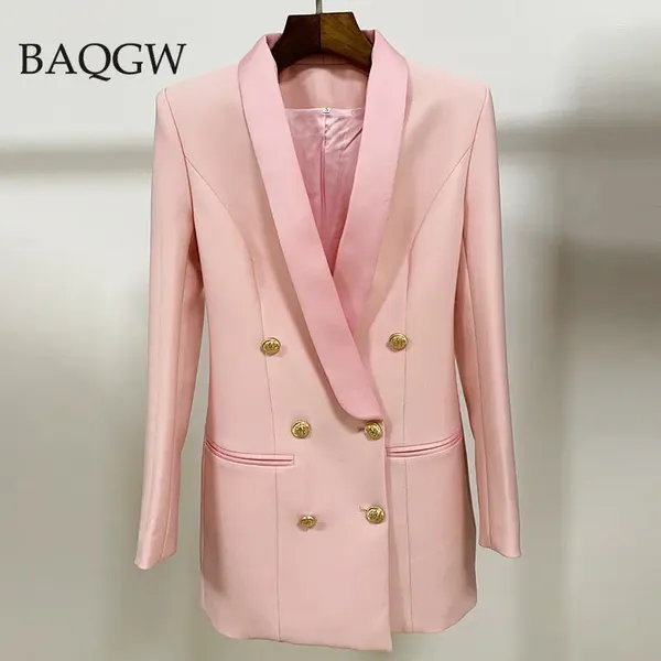 Robes décontractées SEQIUNED Button patchwork Designer Blazer Jacket Femme Boutons de lion Femme Collier de châle de satin à deux poitrines Luxury Long Brazer