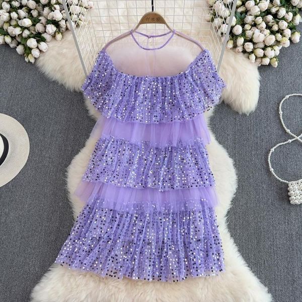 Robes décontractées Sequin maille douce robe de soirée 2023 été ample plissé Midi Tulle femme sans manches gâteau Vestidos