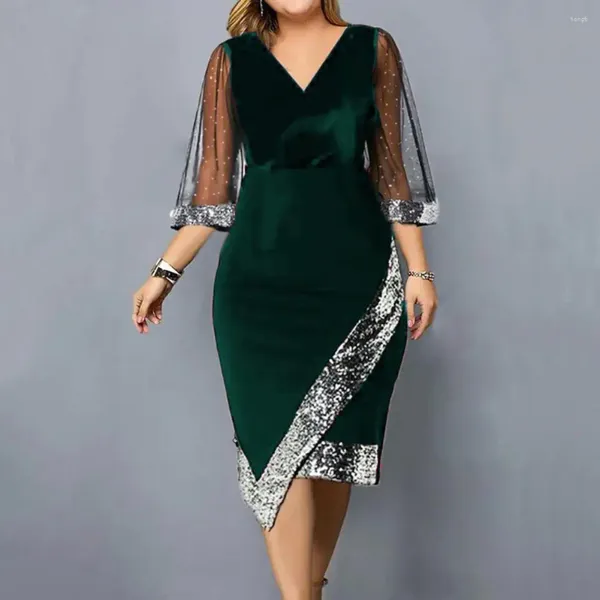 Robes décontractées à paillettes en maille robe slim fit élégant midi avec un décolleté en V trois quarts pour l'été