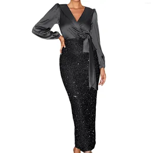 Casual jurken pailletten Sparkly Party Dress Women's Cocktail Bodycon Glitter Bag Hip Maxi Lange Mouw Deep V Neck Satin Prom