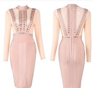 Casual jurken lovertjes mesh studded sexy dames bodycon knie lengte 2022 lange mouw bandage rayon zwart roze blush
