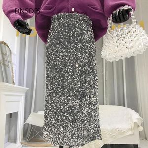 Vestidos casuales Falda con lentejuelas Mujer Office Lady Faldas lápiz Cintura elástica alta Terciopelo Falda a media pierna Moda Estiramiento Sexy Ropa coreana 230222