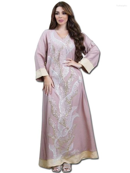 Robes décontractées paillettes Abaya robe femme musulmane couleur solide avec ceinture longue robe maxi bal été dubai turk modeste usure