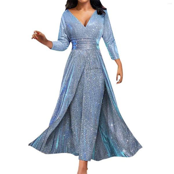 Robes décontractées paillettes Elegant Femmes V Neck Solid Wedding Party Wide Jambre Slim Fit Long Manle Robe Rompers Wear Fairy