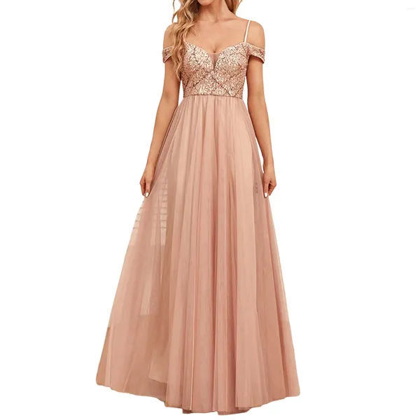 Vestidos casuales lentejuelas de malla larga para mujeres sexy en el hombro cóctel de boda vestido elegante dama ocasional ocasión formal femme