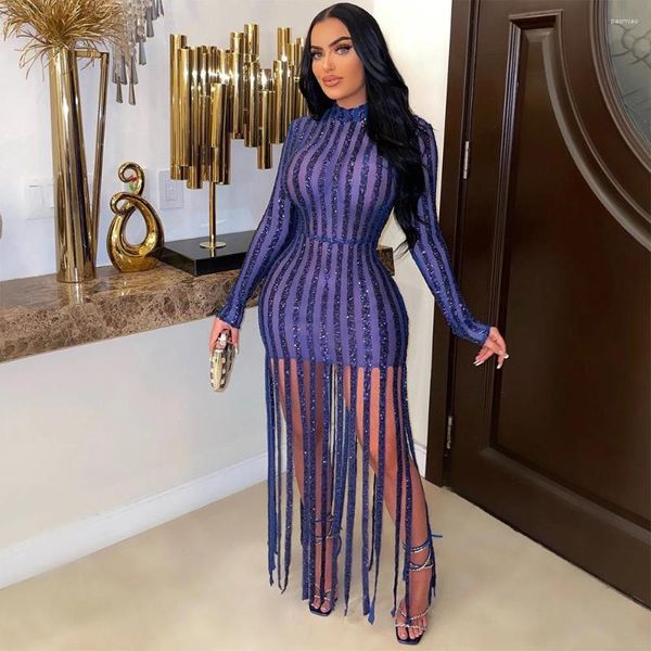 Vestidos casuales Lentejuelas Sheer Mesh Stripe Long Borla Vestido de fiesta de noche Bodycon Maxi Robe Mujeres Sexy Mock Cuello Manga Clubwear Vestidos