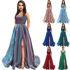 Robes décontractées Paillettes femmes soirée longueur de plancher robe élégante sexy sangle col en V taille haute corset fente graduation robe de soirée robe de bal