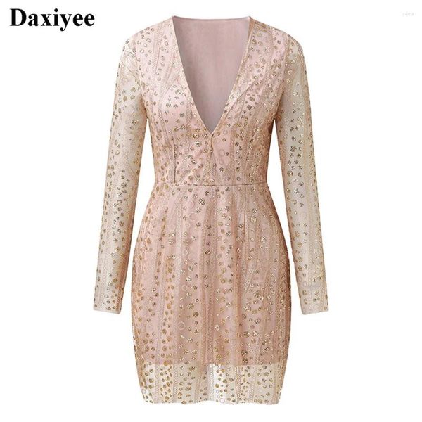 Robes décontractées paillettes de soirée de soirée femme Mesh tulle V cou mande à manches longues élégante Femme Mini Vintage Prom Vetestidos