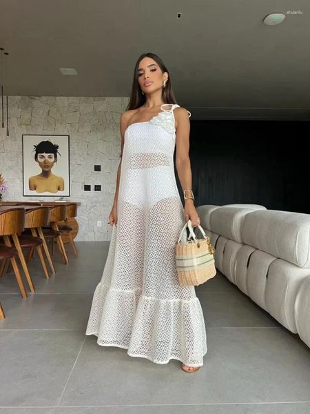 Vestidos casuales Sexy 3D Flor Vestido largo Mujeres 2024 Verano Semi-Sheer Party Elegante Slim One Hombro Maxi Vestidos Holiday Beach Robe