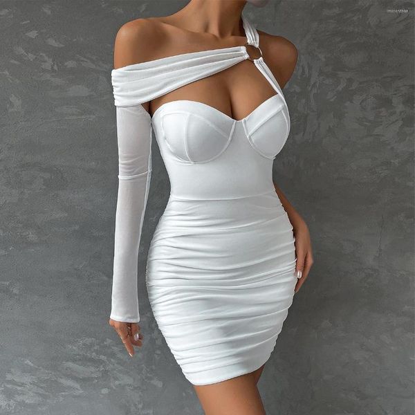 Robes décontractées Sexy asymétrique blanc mini mode club tenue pour les femmes à manches longues à manches hautes plis Wrap Hip Party robe femme