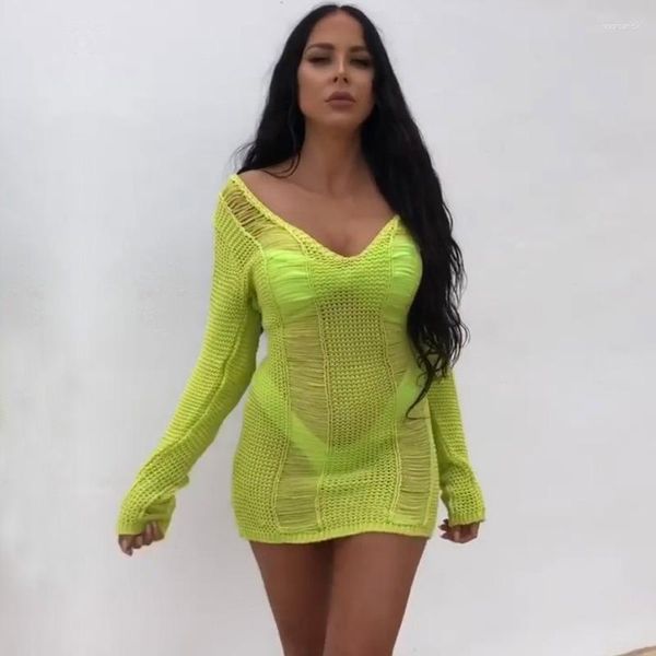 Vestidos casuales Sexy Otoño Crochet Recorte Beach T-shirt Dress Mujer Color sólido Bohemian Mini See-through Beachwear Blusa