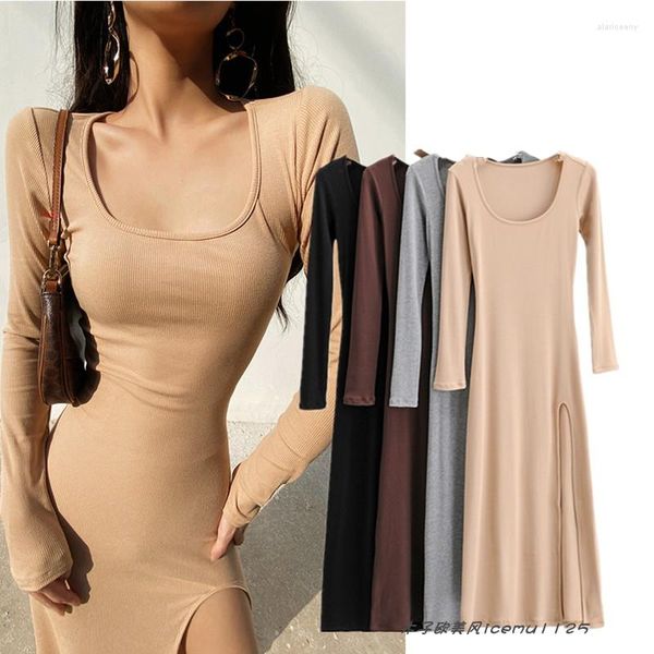 Vestidos casuales estilo otoño estilo femenino elegante longitud media larga larga cintura-ajuste de la cintura liticial de las mangas del cuello redondo grande