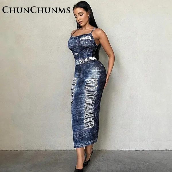 Vestidos casuales Sexy sin respaldo Vendaje Spaghetti Strap Denim Vestido largo para mujeres Streetwear Y2k Pack Hip Jeans Maxi Club Robes