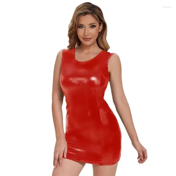 Robes décontractées sexy sans dos érotique sans manches robe en cuir pumeuse femme de nuit femelle slim fit stretch latex robe