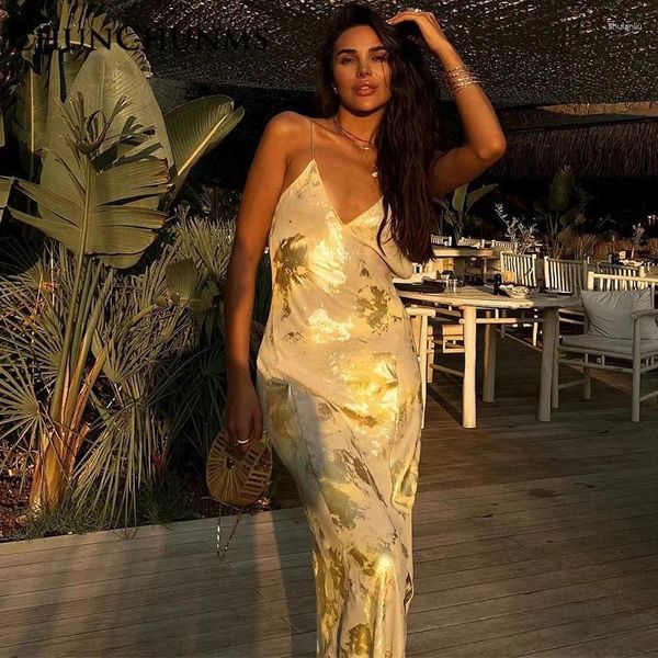 Robes décontractées sexy Robe de soirée élégante lissier d'or sans dossier pour femmes robes de balle de sangle spaghetti maxi boho fête des robes