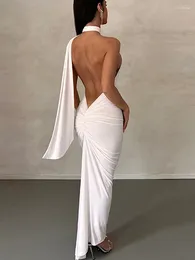 Casual Jurken Sexy Backless Feestjurk Vrouwen Maxi Schede Hip Pakket Lange Avond Ruches Slanke Halter 2024 Lente Elegante Dame Gewaad