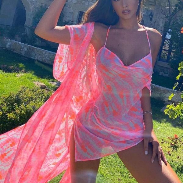 Vestidos casuales Sexy Backless Pink Tie-dye Beach Open Back Hollow Lace Split Pile Collar Mini falda Mujeres Summer Vacation Outfits Club Dress