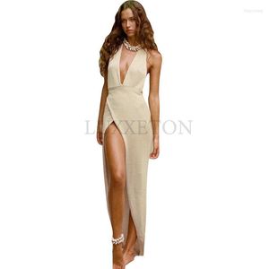 Vestidos casuales Sexy sin respaldo Split Maxi Vestido para mujeres Verano Elegante Bajo V-Cuello Club Fiesta Halter Sin mangas Trajes de playa