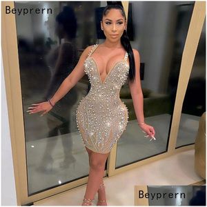 Vestidos casuales Sexy Beyprern Sparkle Lentejuelas sin mangas Pearl Crystal Party Dress Glitter Spagetti Straps Bodycon Celebridades Traje Dh2Eb