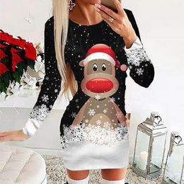 Robes décontractées Sexy Bodycon Mini Femmes O-Neck Christmas Print Long Manche Long Swing Robe Sweing Party