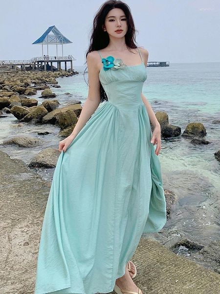 Robes décontractées Boho Spaghetti Boîte longue pour les femmes 2024 Fashion d'été Élégante taille haute plage mince robe de vacances