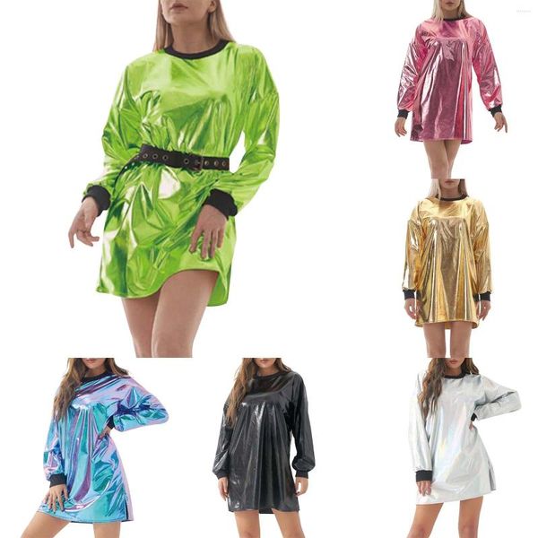 Robes décontractées Sexy Brillant Latex Robe En Cuir Mode À Manches Longues Solide Femmes Col Rond Lâche Fête Discothèque Rave Robes