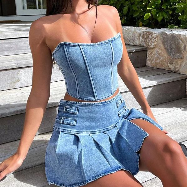 Robes décontractées sexy bustier bleu denim en 2 pièces en jeu de jupe et femme divisée 2024 Ensembles de robes en jean de mode Summer Streetwear