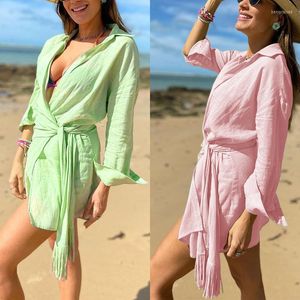 Robes décontractées Cardigan sexy Robe à lacets à manches longues Loisirs Belle plage Vacances Rituel quotidien Vneck Couleur unie Tenue d'anniversaire pour