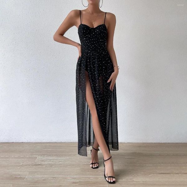 Robes décontractées Sexy Celebrity Polka Dot Longue Robe Moulante Plissée High Slit Club Party Femmes Soirée Noir Slim Fit Spaghetti