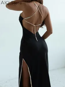 Casual jurken, sexy kettinghalter, open achterkant, zwarte feestjurk met split