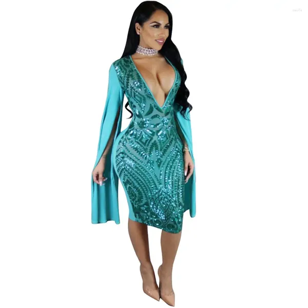 Vestidos casuales vestidos de club sexy 2024 mujeres otoñales manga larga capa cape bodycon Sequin azul profundo v cuello lentejuelas