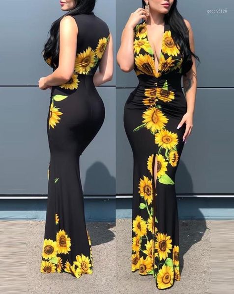 Vestidos informales Sexy Club Noche para mujeres 2023 Moda de verano Plunge Sin mangas Girasol Estampado Lady High Slit Flaco Party Maxi Vestido