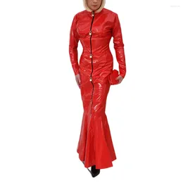 Robes décontractées Sexy Club Fétiche PVC Cuir Dames Érotique Avant Zip-up Verrouillable Slim Hobble Robe Longue À Manches Longues Gaine Moulante Sirène