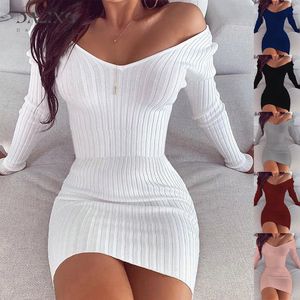 Robes Décontractées Sexy Club Hors Épaule À Manches Longues Robe Moulante Pour Les Femmes D'hiver Blanc Chandail Tricoté Mini Femme Robes Robe Femme 230113