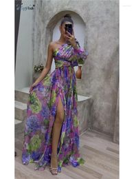 Vestidos casuales Sexy Contraste Color Flor Impresión Maxi Vestido Mujer Moda Off Hombro Split Robe Vestidos Chic Lady Party