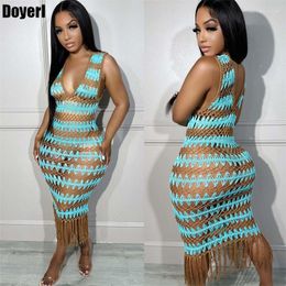 Vestidos casuales Sexy Crochet Hollow Out See Through Summer Dress Mujeres Beach Swimwear Traje de baño Cover-ups Backless Tassel Party Midi