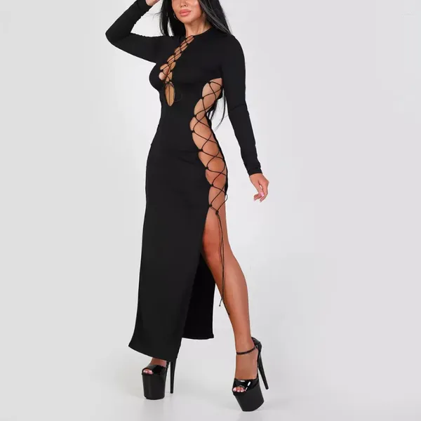 Vestidos informales Sexy recorte Lace-up Slim Side High Send Falda larga Falda Irregular Vestido de manga larga