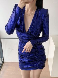 Casual jurken Sexy Deep V Neck Black Party Dress Style 2023 Spring Bling Sequins Women Fashion Draped Bodycon Mini Blue