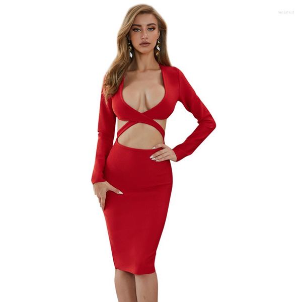 Robes décontractées Sexy col en v profond moulante Bandage rouge femmes mode discothèque porter danse Costume de théâtre femme robe Vestido