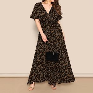 Casual jurken Sexy Deep V Neck Leopard Print Maxi Dress Plus Size Dames Wrap Belt High Tailed Long Ruffle Swing Hem Party