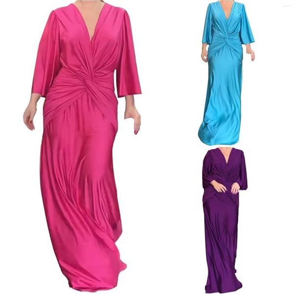 Vestidos casuales Sexy Deep V Twisted Maxi Vestido Moda Manga larga Club Fiesta Noche 2023 Elegante Satén Longitud del piso Vestidos de banquete