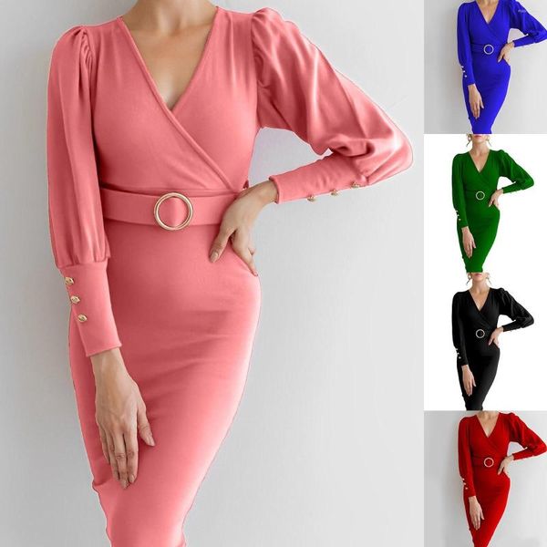 Vestidos casuales Vestido sexy Mujeres 2023 Otoño con cuello en V Manga larga Paquete de cadera Mujer Elegante Rosa Slim Oficina Damas Vestidos Regalos de cumpleaños