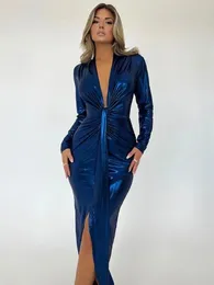 Casual Jurken Sexy Elegante Vrouw Kleding Diepe V-hals Hoge Split Glanzende Lange Jurk 2024 Lente Taille Bandage Tunieken Avond Vrouwelijke