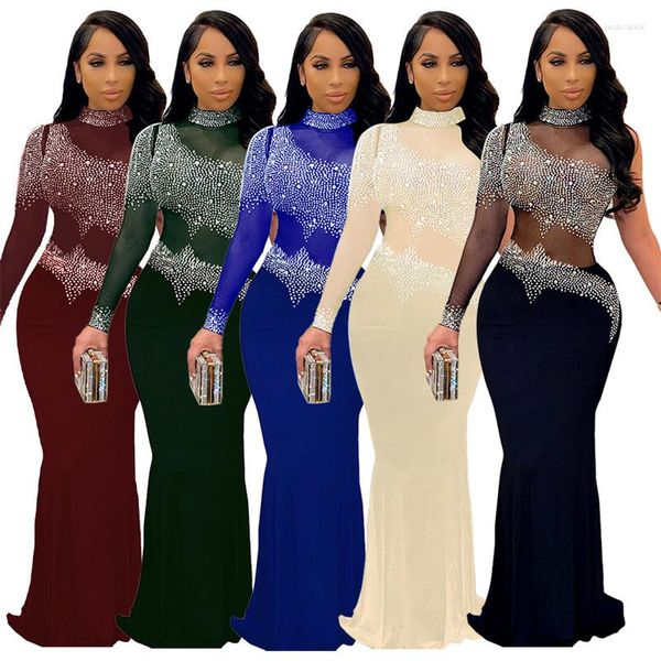 Robes décontractées Sexy élégantes robes de soirée pour les femmes fête bal scène tenue cristal maille moulante Maxi robe