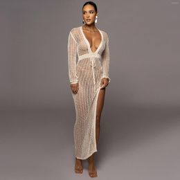 Robes décontractées Sexy Fishnet V Neck Long Beach Robe Femme Souchée coussinet TrawSting Couvre-up Spring Summer Maxi Sundress Vacation Clothes