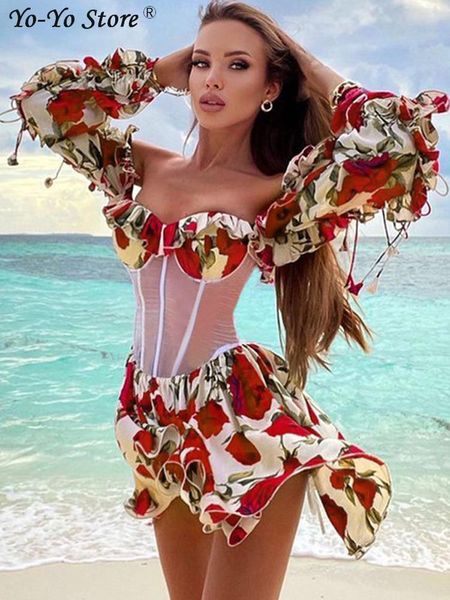 Robes Décontractées Sexy Fleur Manches Bouffantes Imprimer Femmes Mini Robe Sans Bretelles Mince Femme Vestidos Printemps Été Beach Party Lady 230414