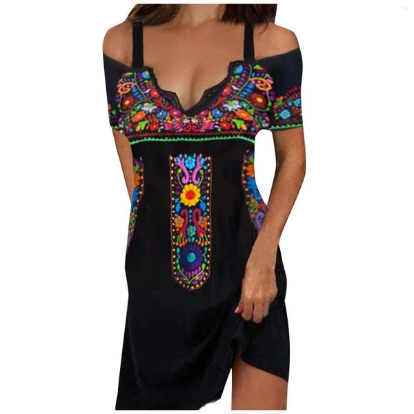 Vestidos casuales Sexy para mujeres 2023 bohemio ajuste relajado Maxi vestido de cóctel escalonado Midi Vestidos Vintage Mujer