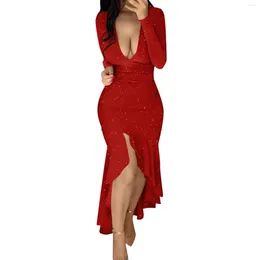 Robes décontractées Sexy Glitter Moulante Volants Pour Femmes Robe Automne Manches Longues Col V Profond Irrégulière Fishtail Hem Robe De Soirée Rouge